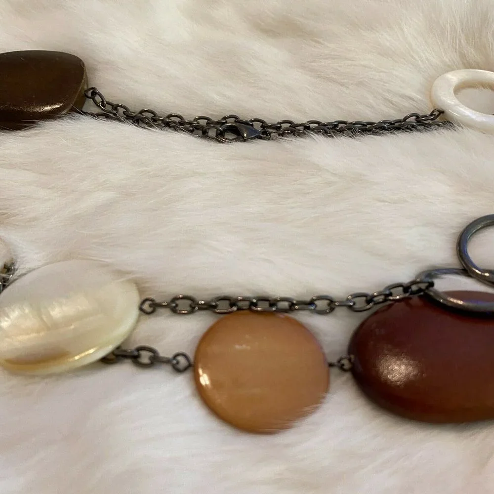 Western‎ Necklace Festival Wood Shell Mixed Media Mother of Pearl Boho Long 6184